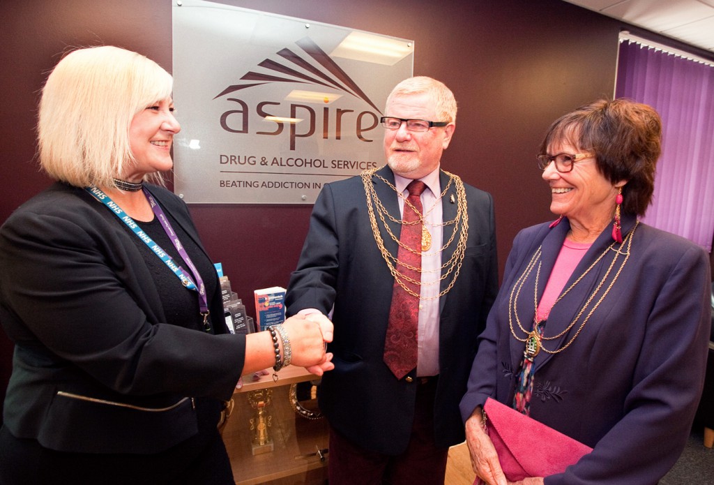 RDaSH Drug and Alcohol Service Manager Paula Brocklesby (left) greets Doncaster Civic Mayor Cllr Paul Wray (centre) and Mayoress Mrs Liz Marsden (right) to New Beginnings.