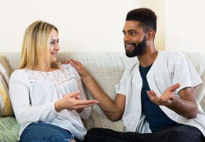 man and woman chatting