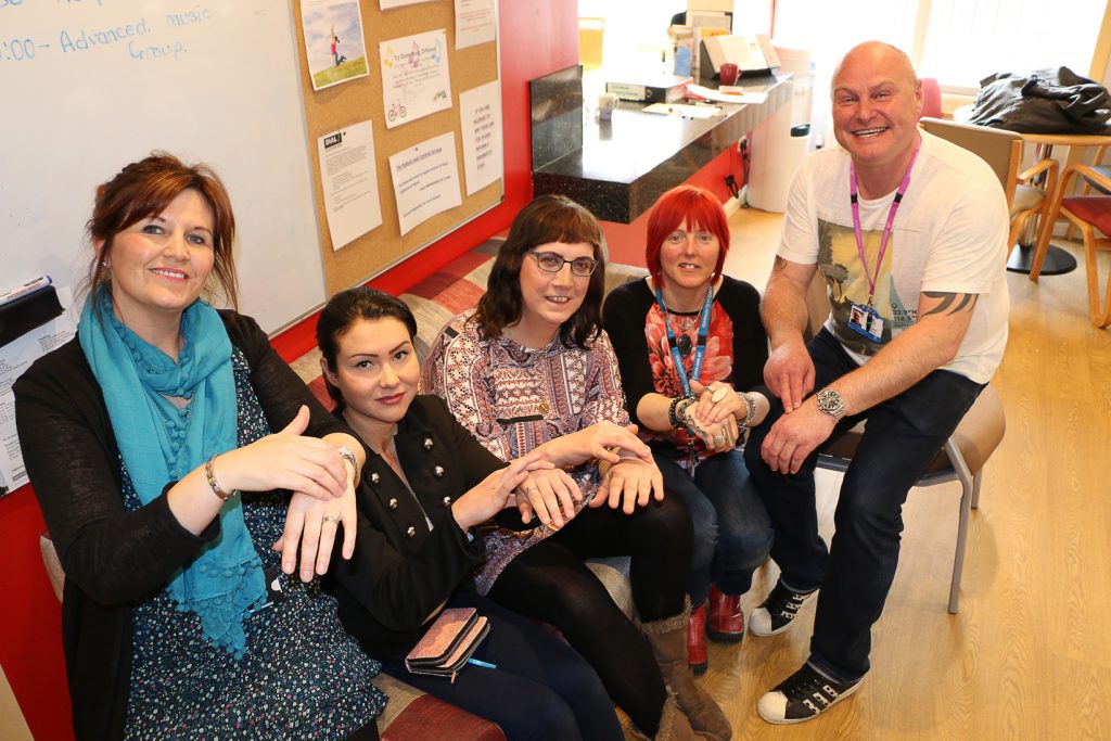 Pictured trying the tapping therapy are from the left, Sally Hickson-Clark, Aspire; Shelli Murphy and Raquel Anne, service users; Lisa Clegg and Paul Shepherd, both Aspire.